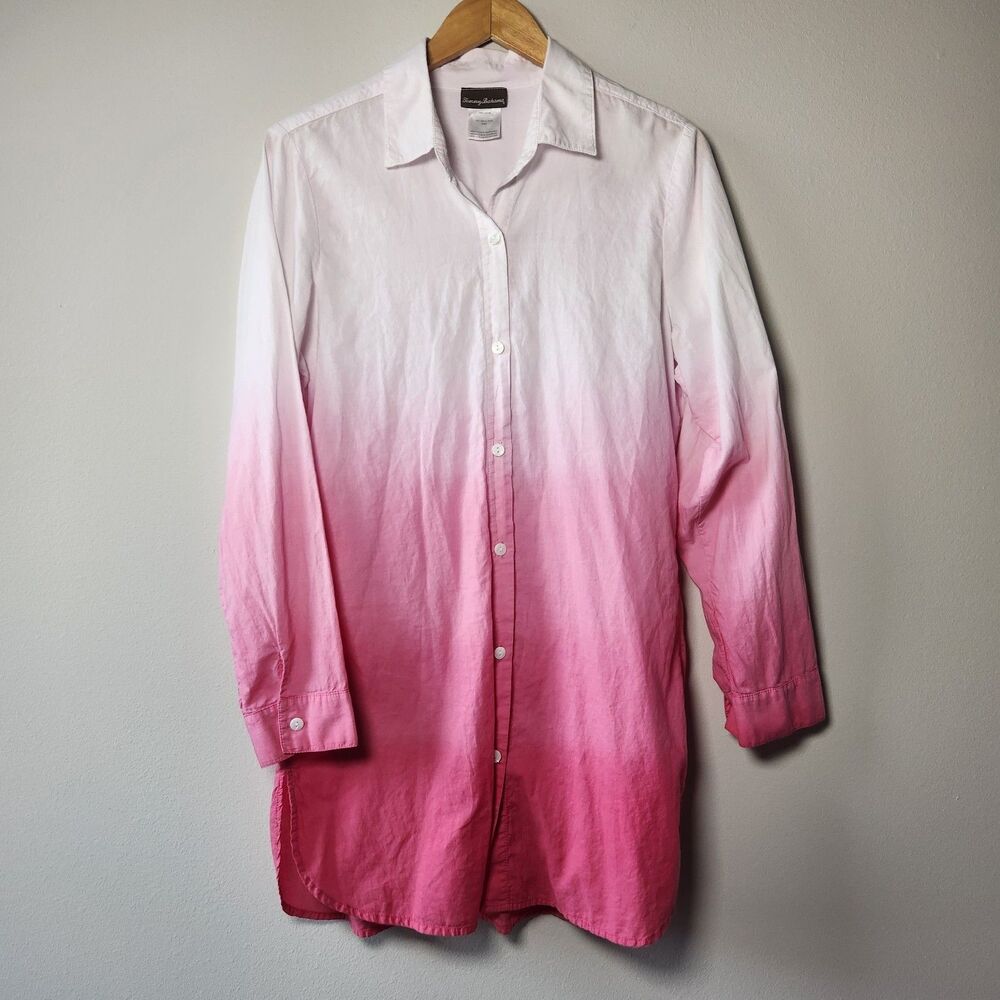 Tommy Bahama Tunic Blouse Sz L Pink White Ombre 100% Cotton Top Beach Pool Vacay